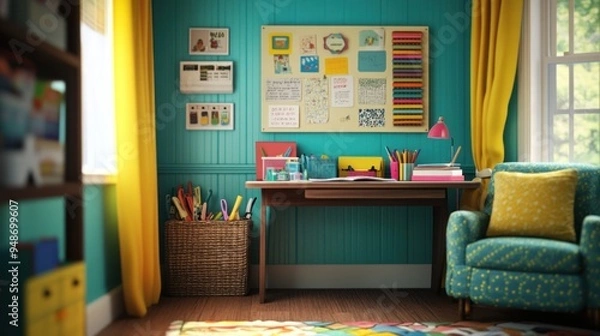 Fototapeta A teal and yellow home office with a desk, chair, and bookshelf, featuring an inspiring bulletin board.