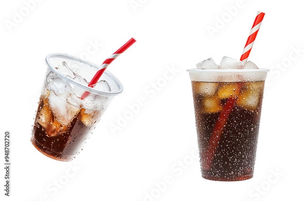 Fototapeta Two plastic cups of cola with ice and striped straws, isolated on a blank background.