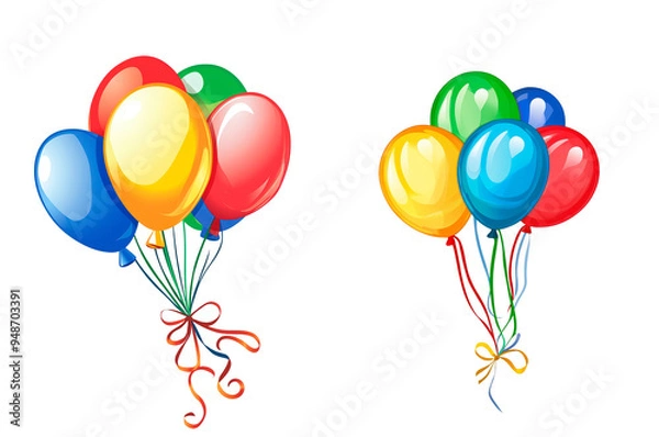 Fototapeta Two bunches of colorful balloons tied with ribbons, isolated on a blank background.