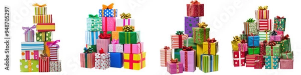 Fototapeta Stacks of colorful Christmas gifts with ribbons and bows, isolated on a blank background.