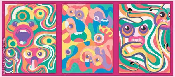 Fototapeta Psychedelic abstract pop art design featuring expressive, colorful faces and swirling lines. Perfect for creative projects, modern art displays, and vibrant product packaging. Vector illustration