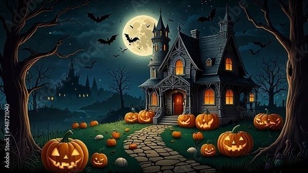 Obraz Halloween pumpkin glows spooky night House evil forest terrified faces halloween scene with a scare and pumpkins