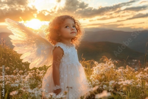Obraz Whimsical Angelic Child in a Sunlit Flower Field at Sunset