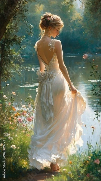 Obraz a beautiful woman in an elegant white dress walks gracefully through the garden on a water's edge surrounded by flowers and tree