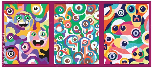 Fototapeta Vibrant abstract pop art design featuring playful, multicolored, cartoon-like faces and eyes. Ideal for modern wall art, social media graphics, or quirky product packaging. Vector illustration
