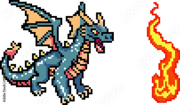 Fototapeta Vector, dragon, fire, vector illustration, 10EPS, for games, 8bit, 16bit