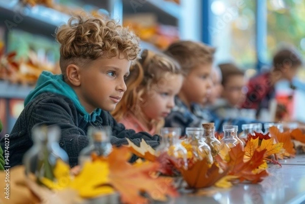 Fototapeta Science class with students examining autumn leaves and natural specimens, hands-on learning with a fall theme, Autumn Science Lab, Hands-On Education