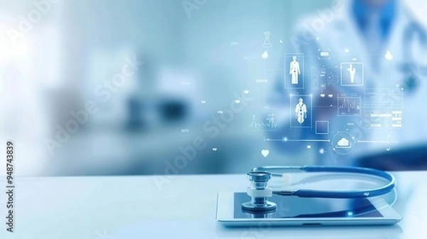 Obraz Telemedicine platform displaying health records and video call, Telemedicine, comprehensive digital health