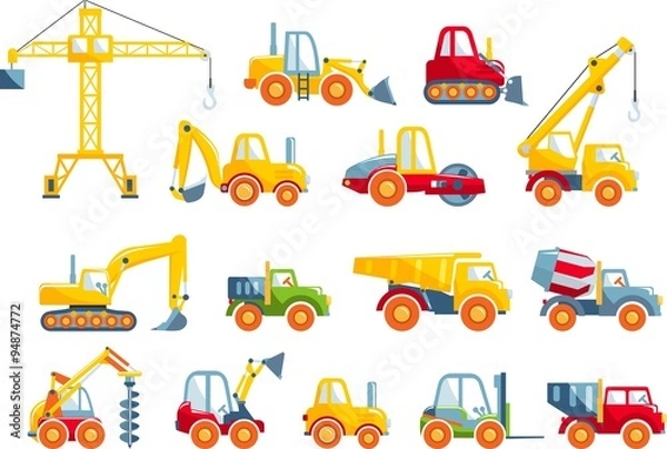 Fototapeta Set of toys heavy construction machines in a flat style.