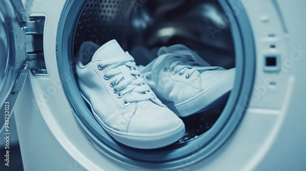 Obraz White sneakers in a washing machine