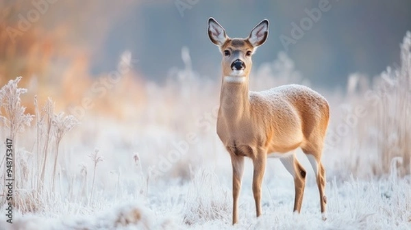 Fototapeta A lone deer stands in a frosty field. This photo can be used to illustrate a winter scene or represent the beauty of nature.