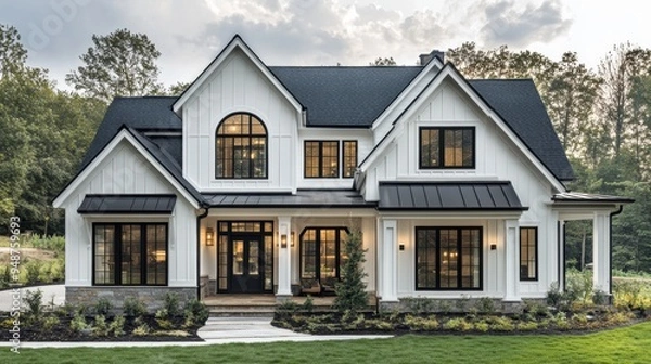 Obraz farmhouse revival, this farmhouse exterior design combines classic white siding with modern dark accents for a timeless aesthetic