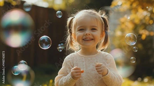 Fototapeta Joyful Child Playing with Bubbles in a Sunlit Garden