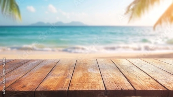 Fototapeta Beachside Wooden Tabletop with Ocean and Palm Tree Background