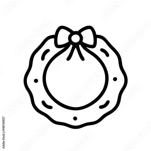 Fototapeta Simple Christmas wreath icon with bow in black outline
