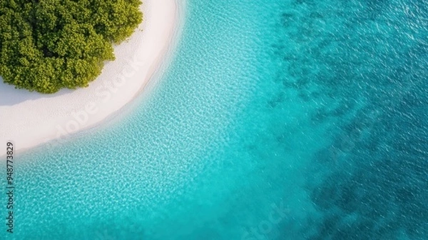 Fototapeta An aerial view of a pristine island with a beautiful coastline, clear turquoise waters, and lush green foliage, highlighting the beauty and tranquility of a tropical paradise.