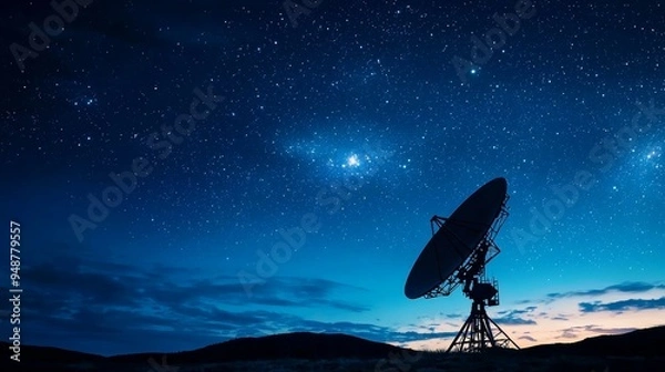 Fototapeta A satellite dish array in a remote desert, capturing signals from distant satellites, under a starry night sky