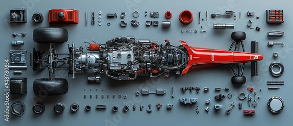 Fototapeta Exploded view of an F1 car engine, components laid out to reveal the intricate engineering, precision parts, and advanced technology used in racing