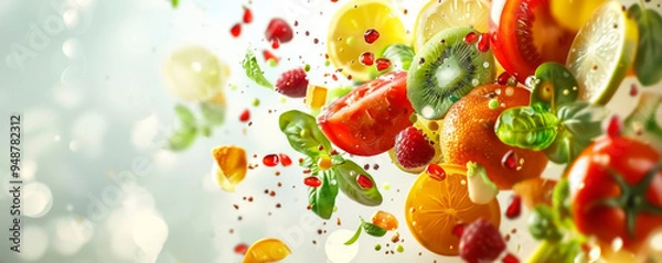 Obraz Colorful assortment of fresh fruits and vegetables floating in the air against a bright background, captured during daytime to showcase healthy eating and vibrant flavors