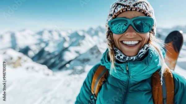 Fototapeta A skier wearing a blue jacket and beanie stands on a picturesque snowy mountain top, with clear blue skies and expansive snow-covered peaks in the background.