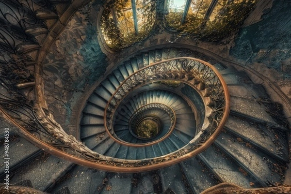 Fototapeta An elegant spiral staircase adorned with a white railing, spiraling upward in a stylish and sophisticated manner, Fashion a visual representation of a never-ending staircase, AI generated