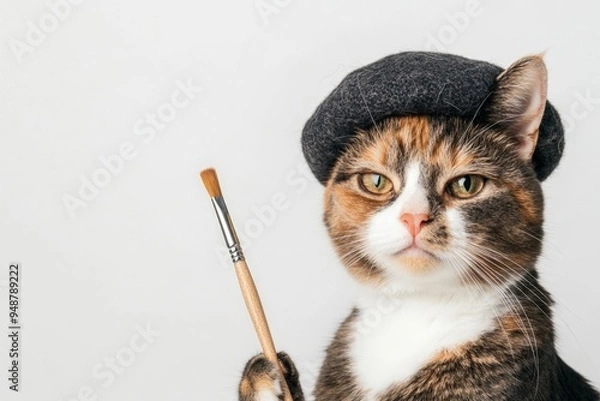 Obraz Stylish Cat Wearing Beret Poses with Artist's Paintbrush on White Background isolated with copy space