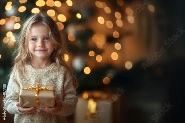 Obraz A little girl holding a Christmas present.