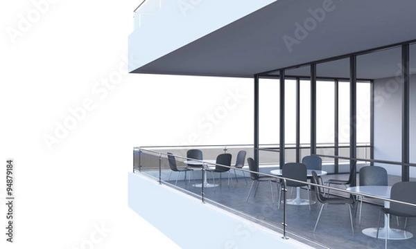Fototapeta A terrace with tables and chairs in a modern panoramic building. 3D rendering. White copy space on background.