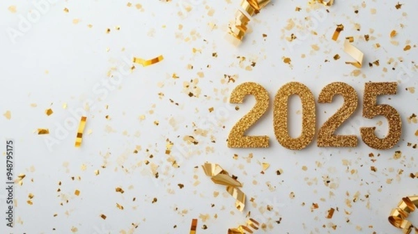 Fototapeta Celebrate the new year 2025 with sparkling gold decorations and festive confetti on a bright background.