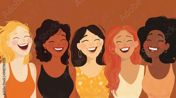 Fototapeta A joyful illustration of six diverse women laughing together, representing unity, diversity, happiness, and friendship. Perfect for concepts related to empowerment and positive female relationships.