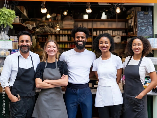 Fototapeta Diverse Group of Smiling Shopkeepers in Front of Store