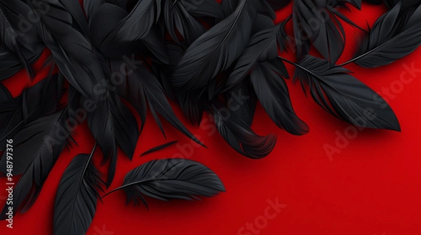 Fototapeta Black bird feathers on red background. Decorative plumage of black swan or crow. Abstract luxury illustration, web design element, for presentation or ad