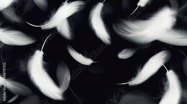 Fototapeta Flying white feather on black background. Realistic style illustration of feathers in air with blur effect decorative backdrop. Concept of weightlessness