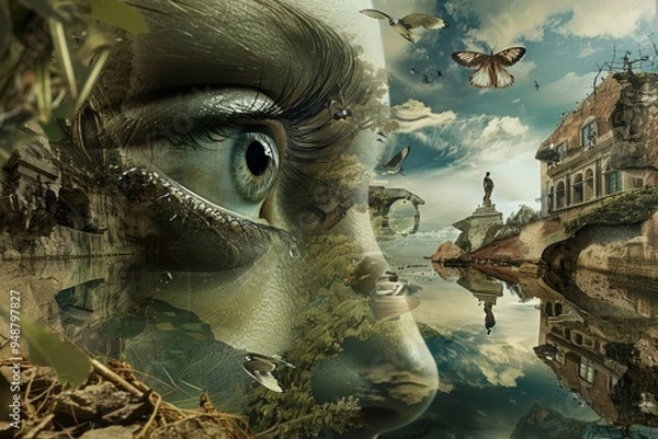 Fototapeta An eye is depicted in the foreground, while a majestic tree looms in the background, illustrating the harmony of life, Formulate an image that challenges the viewer's sense of reality. Ai generated