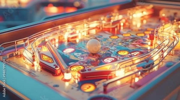 Fototapeta A pinball machine in action, with a ball mid-play, surrounded by vivid graphics and illuminated bumpers on a light solid color background