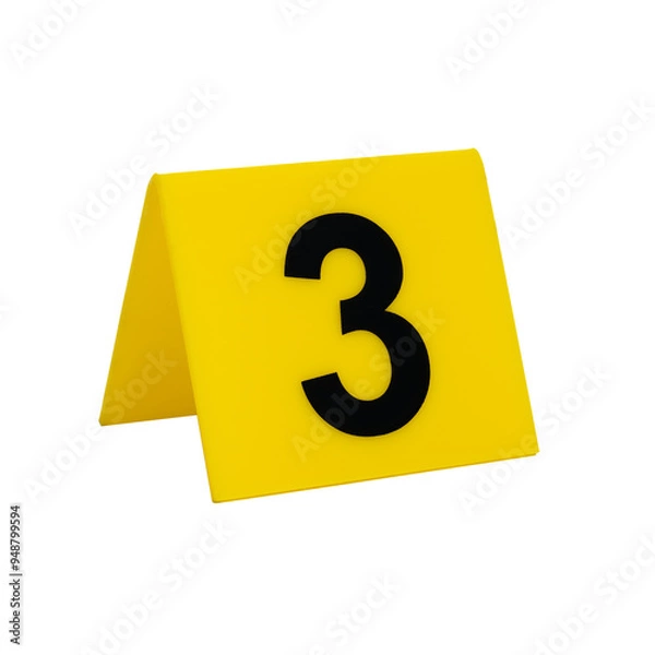 Fototapeta Crime scene investigation. Yellow evidence identification marker on transparent background number 3