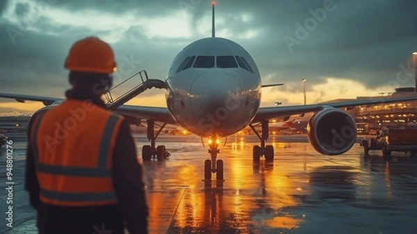 Fototapeta Personnel are preparing the aircraft for departure in overcast conditions at the airport