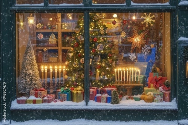 Obraz Snowy Window Display with Christmas Tree and Gifts