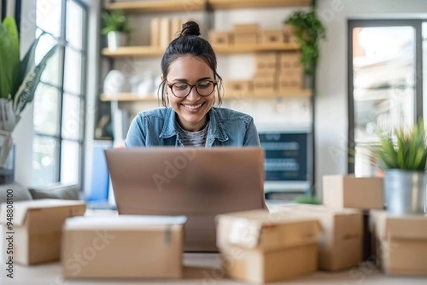 Fototapeta An e-commerce entrepreneur managing an online store and fulfilling orders using e-commerce platforms and shipping software