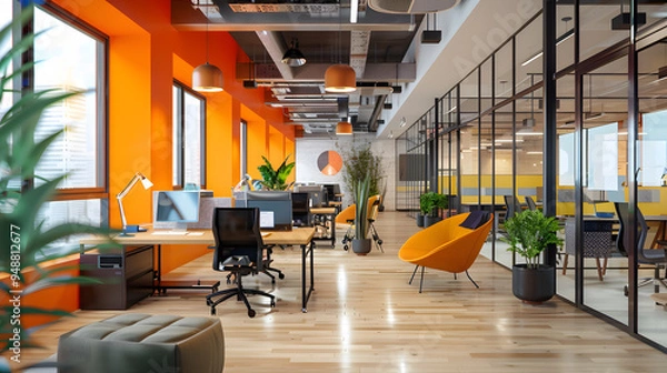 Fototapeta Coworking, a workspace for people working outside the office, a place for meetings. AI Generated
