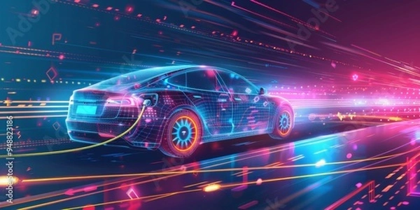 Fototapeta Futuristic car with glowing neon wheels on a high-tech road with speed trails and copy space

