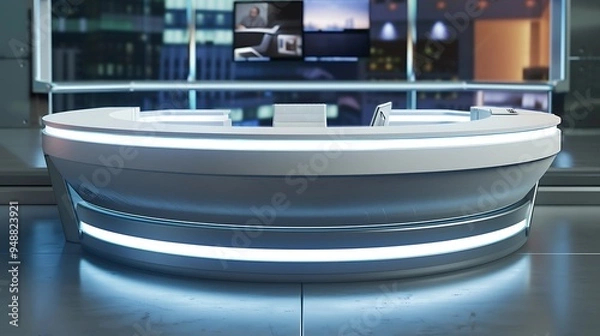 Fototapeta An empty curved news desk with sleek news studio with screen