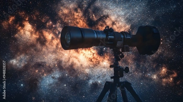 Fototapeta A tripod setup for astrophotography capturing a galaxy with high resolution, showcasing the universe's depth