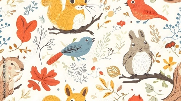 Fototapeta Seamless wallpaper with cute woodland critters like bunnies, squirrels, and birds in a bright, nature-