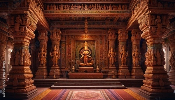 Fototapeta An image of a Hindu temple�s ornate interior with colorful deities and intricate carvings, showcasing the vibrant and sacred atmosphere of worship, Generative AI