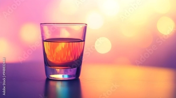 Obraz Close-up of a single shot glass filled with vibrant liquid, with soft light highlighting its contours against a plain background