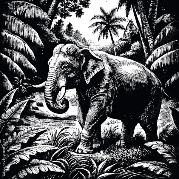 Obraz Asia elephant engraved vector