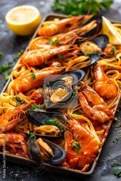 Fototapeta Close up of linguine pasta with shrimp and clams in garlic white wine sauce, garnished with herbs