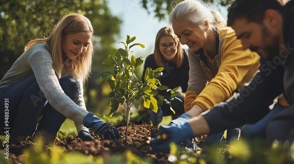 Fototapeta Sustainable living.. A diverse group of people planting a young tree together in a sunlit garden, emphasizing community engagement and environmental sustainability. 