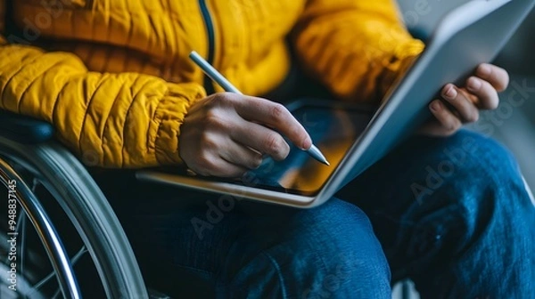 Fototapeta Tech accessibility. A person in a wheelchair wearing a bright yellow jacket is using a stylus on a tablet device, showcasing accessibility and modern technology. 